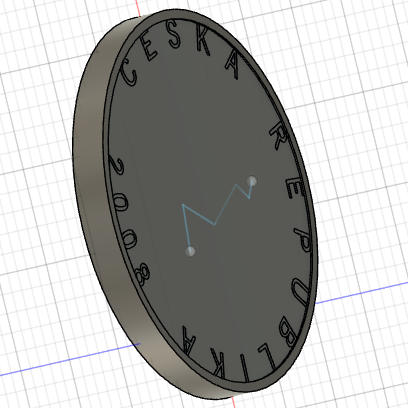 Progress photo of a side view of my 3D model of a Czech Koruna with the bottom visible. 