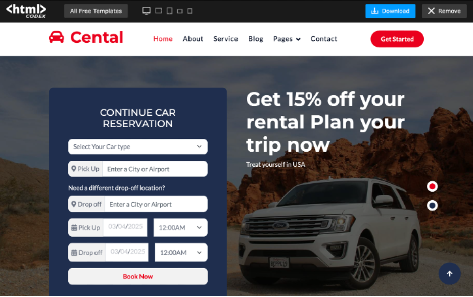 Cental – Car Rent Website Template home page